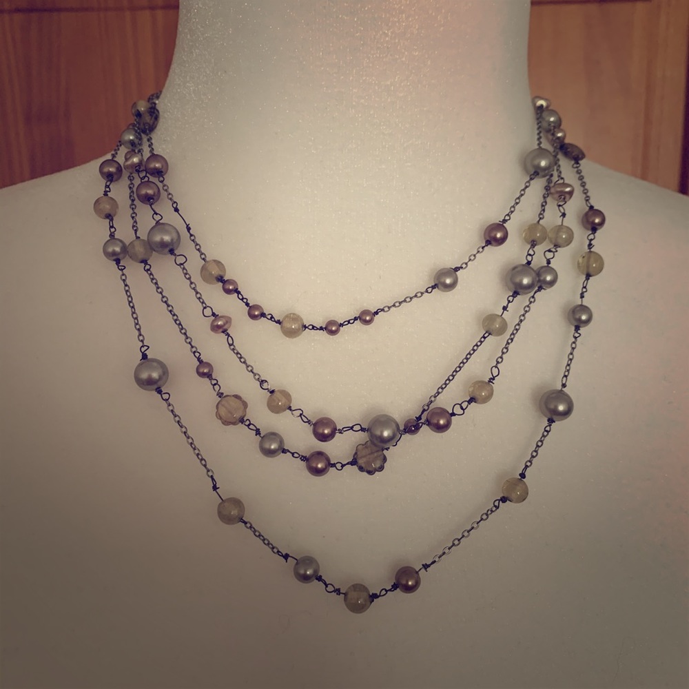 Tiered faux pearl and beaded necklace